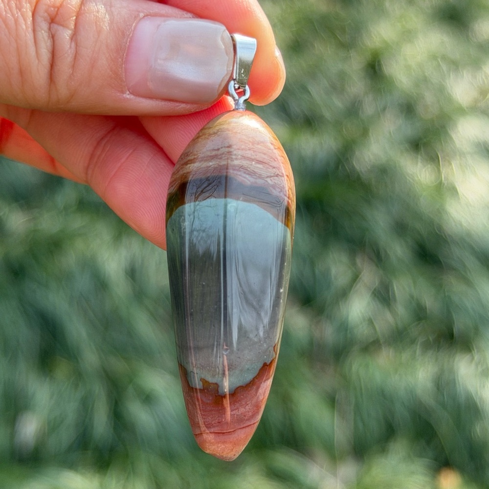 Stainless steel faceted natural polychrome jasper pendant‎ 1017
